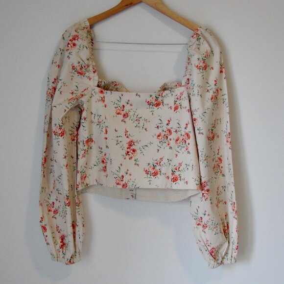 WeWoreWhat Ruched Dainty Floral Top Bustier Pouf Sleeves Cream Pink NEW Large - Picture 14 of 15
